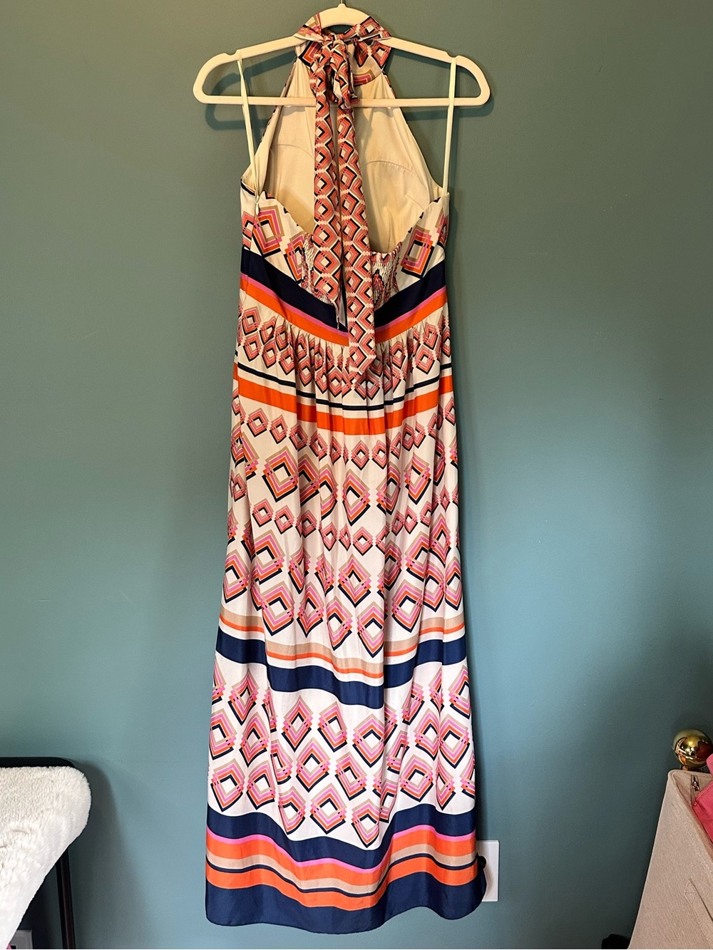 Eliza J Geometric Halter Maxi Dress Retro Mod Cream Orange Navy 8 Petite - Picture 3 of 13